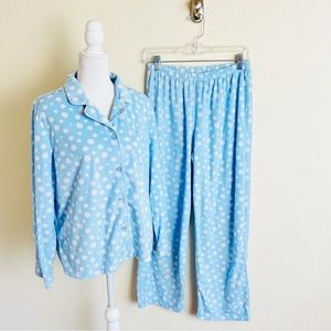 Y2K Kim Rogers Fuzzy Blue White Dot Button Up Long Sleeve Top & Pants Pajama Set